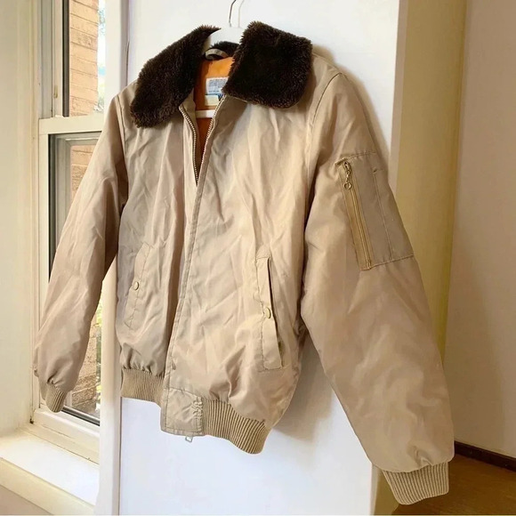 Vintage Sears Bomber Jacket Coat Work Lesirue Fur Collar Tan Brown Oversized - Picture 3 of 13